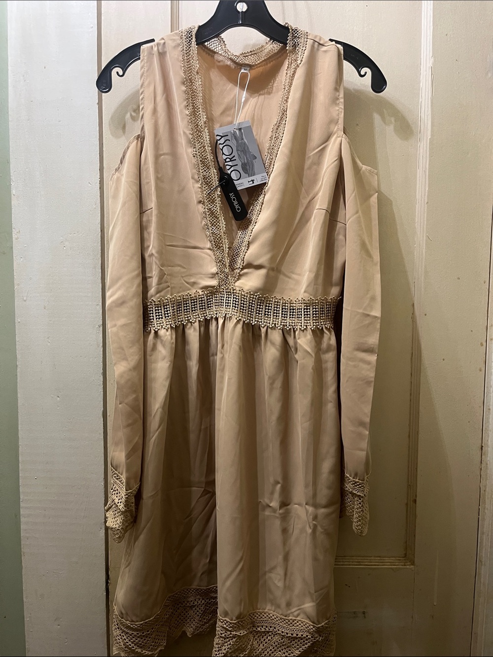 Oyrosy Cold-Shoulder Beige Mini Dress with Lace Trim